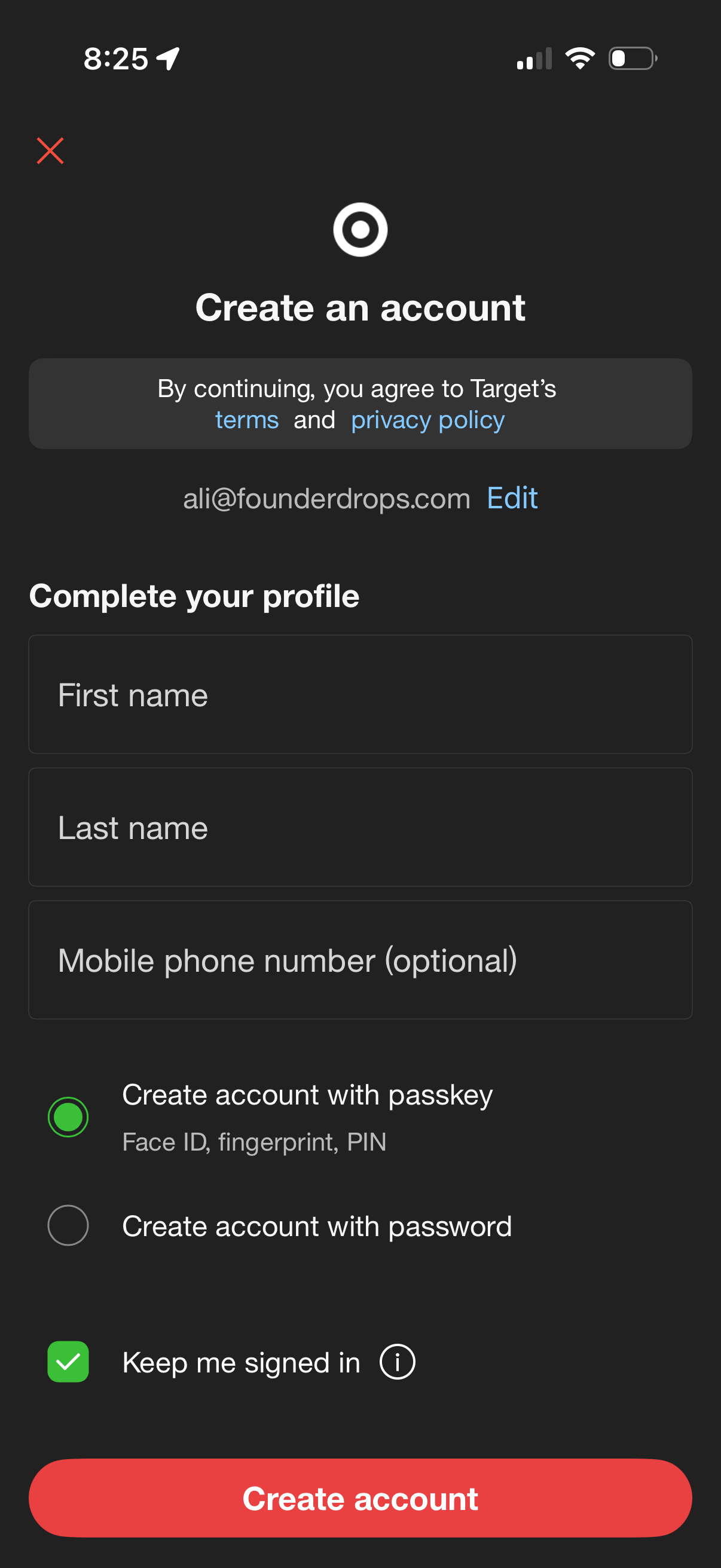target signup screenshot